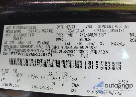 2021 Ford F-150 Xlt from USA, damaged, VIN 1FTFW1E82MKD46171